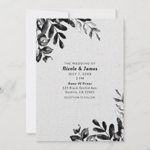 Invitation Mariage Fleurs Botaniques Noir + Blanc Vintage