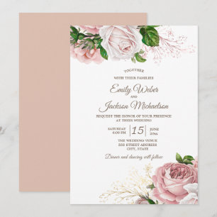 Invitation Mariage Fleurs Botaniques Roses Roses Blanches Vin