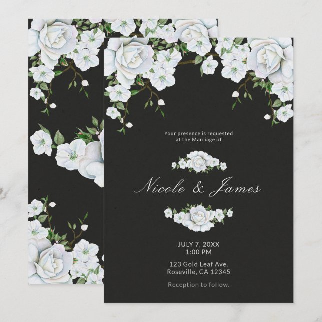 Invitation Mariage Fleurs & Charbon de Bois Gris Roses Blanch (Devant / Derrière)