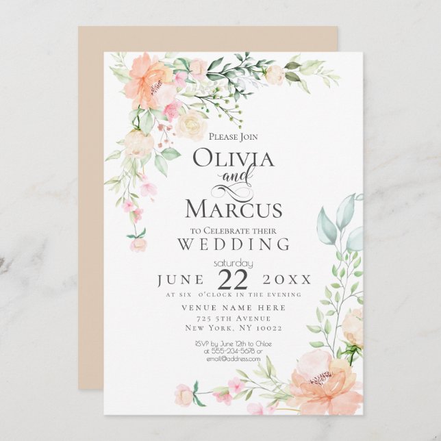 Invitation MARIAGE | Fleurs d'aquarelle Pastel Spring (Devant / Derrière)