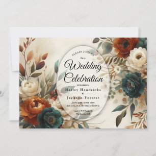 Invitation Mariage Fleurs d'Automne Orange Brûlé et Bleu