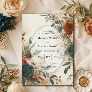 Invitation Mariage Fleurs d'Automne Orange Brûlé et Bleu