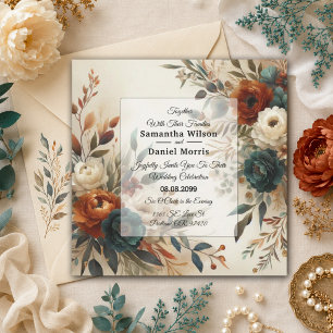Invitation Mariage Fleurs d'Automne Orange Brûlé et Bleu