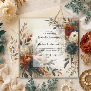 Invitation Mariage Fleurs d'Automne Orange Brûlé et Bleu