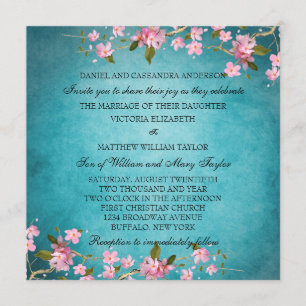 Invitation Mariage Fleurs de Cerisier Japonaises Bleu Turquoi