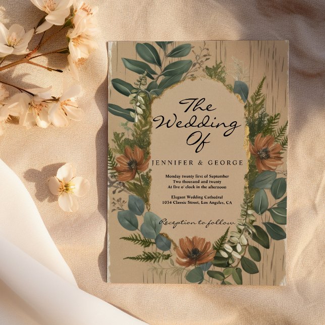 Invitation Mariage fleurs de forêt en bois vert rustique (Rustic green brown woodland flowers Wedding )