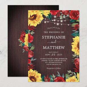 Invitation Mariage Fleurs de Tournesol Rustique Lumières Flor