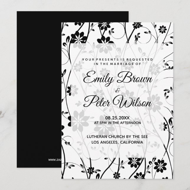 Invitation Mariage Fleurs délicates noires Élégantes (Devant / Derrière)