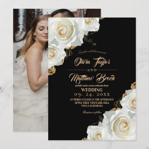 Invitation Mariage Fleurs d'Or et Roses Noires