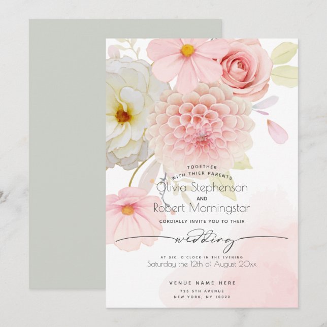 Invitation MARIAGE | Fleurs mélangées d'ivoire rose pâle (Devant / Derrière)