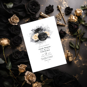 Invitation Mariage Fleurs Noires et Dorées Vintage Abeilles