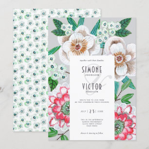 Invitation Mariage fleurs peintes modernes gris floral rose