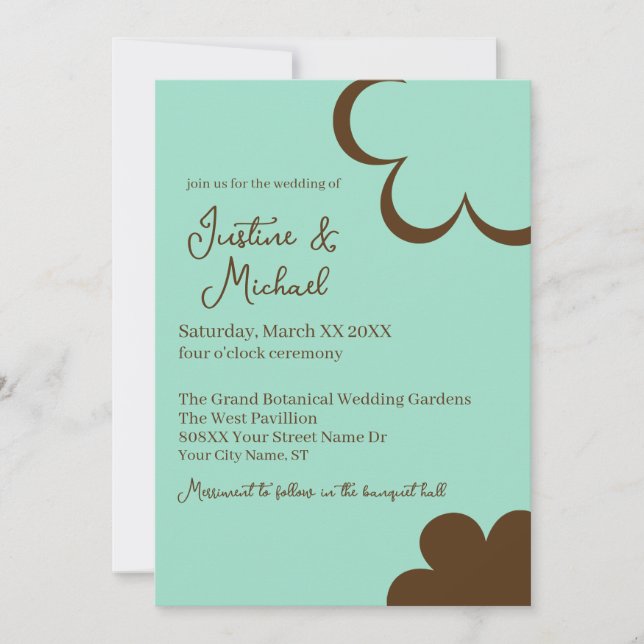 Invitation Mariage Fleurs rétro turquoises et Brown (Devant)