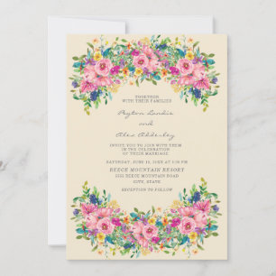 Invitation Mariage Fleurs Rose Bleu Jaune Boho