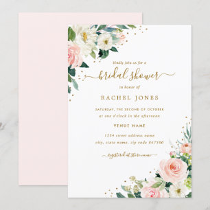 Invitation Mariage Fleurs Rose Pâle Or Roseaux de Mariée