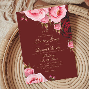 Invitation Mariage Fleurs Roses Bourguignon Rouge Rosé