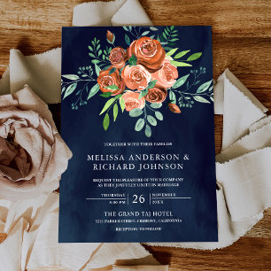 Invitation Mariage Fleurs Roses Orange Brûlé Terne Bleu Marin
