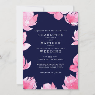 Invitation Mariage Fleurs Roses sur Fond Bleu Marine