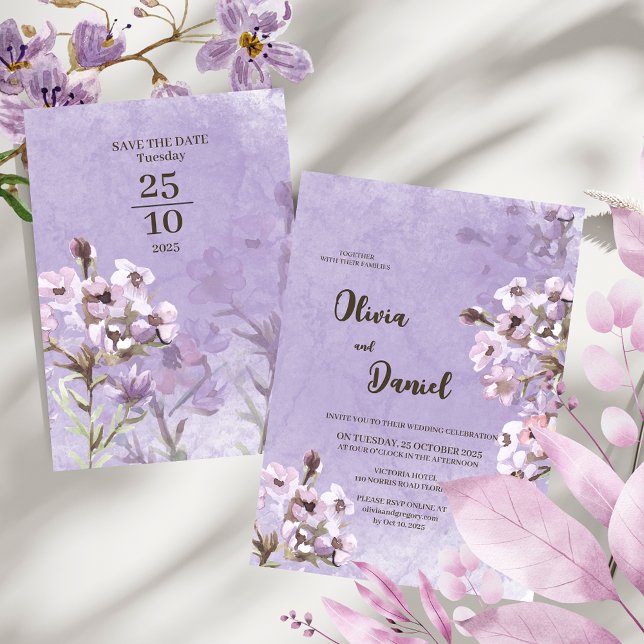 Invitation Mariage Fleurs Violettes Rustiques Modernes  (Créateur téléchargé)