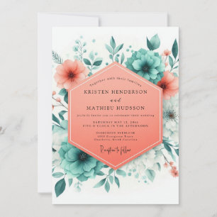 Invitation Mariage Floraison estivale Corail et sarcelle