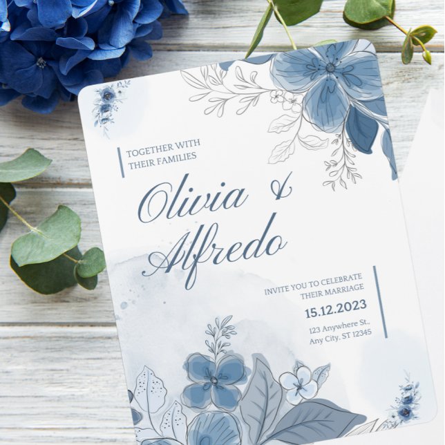 Invitation Mariage floral à aquarelle bleue (Créateur téléchargé)