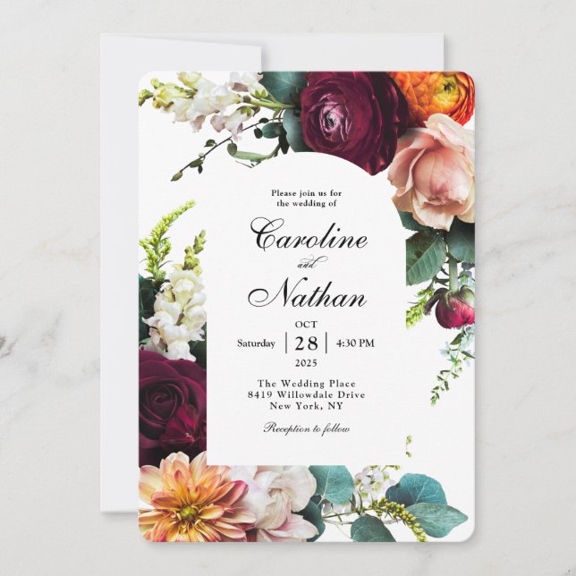 Invitation Mariage floral à charpente fraîche en automne (Devant)