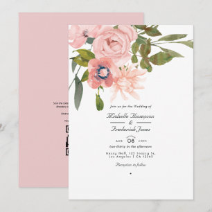 Invitation Mariage floral à code QR Rose Gold et rose tendre