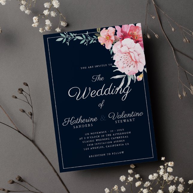 Invitation Mariage floral à écriture bleue marine (Navy blue pink mint formal script floral wedding )