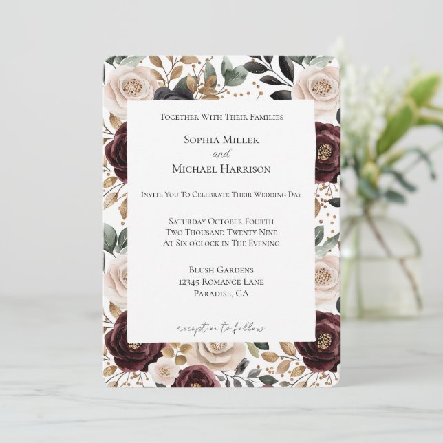 Invitation Mariage floral à la crème de Bourgogne (Debout devant)