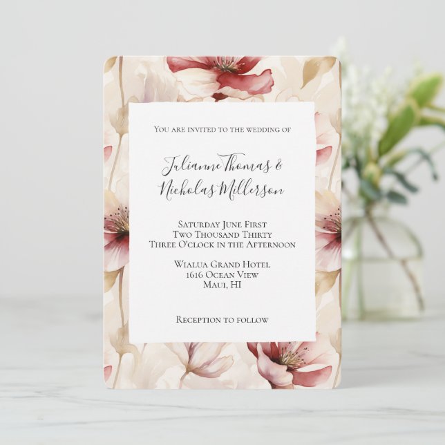 Invitation Mariage floral à la crème rouge bourguignonne (Debout devant)