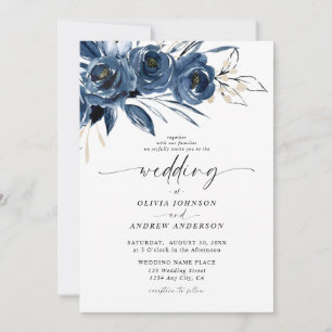 Invitation Mariage Floral à l'Aquarelle Bleu Nuit Élégant