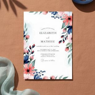 Invitation Mariage Floral à l'aquarelle Corail et Nuit