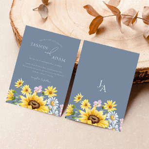 Invitation Mariage floral à monogramme de tournesol bleu pous