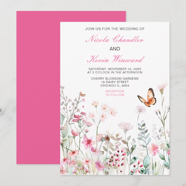 Invitation Mariage floral à papillon rose profond du printemp (Devant / Derrière)