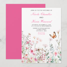 Invitation Mariage floral à papillon rose profond du printemp
