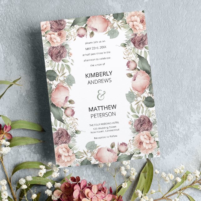 Invitation Mariage floral à poitrine de menthe rose rousse (Blush pink burgundy mint peony floral Wedding )