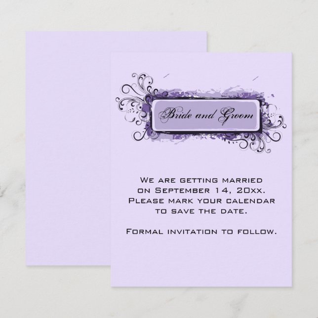 Invitation Mariage floral Abstrait violet Enregistrer la date (Devant / Derrière)