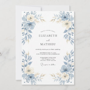 Invitation Mariage Floral Aérien Bleu Ardoise