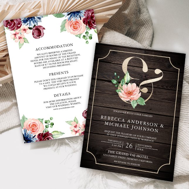 Invitation Mariage Floral Ampersand de la Marine rose Bois Bo (Créateur téléchargé)