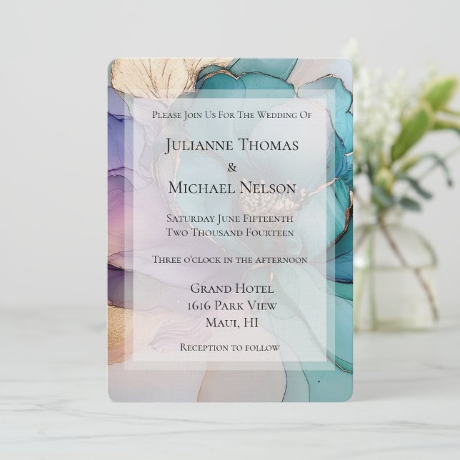 Invitation Mariage Floral Aqua Blue Purple Gold (Debout devant)