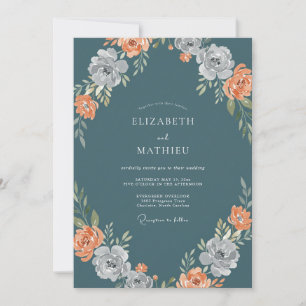 Invitation Mariage Floral Aquarelle Bleu Ardoise et Pêche