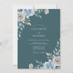 Invitation Mariage Floral Aquarelle Bleu Canard