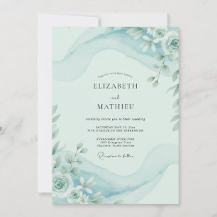 Invitation Mariage Floral Aquarelle Bleu Ciel