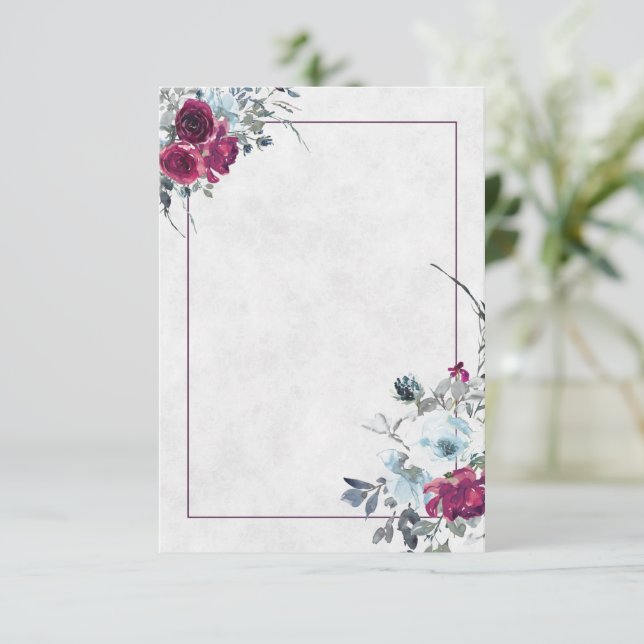 Invitation Mariage floral aquarelle bleu et Bourgogne vierge  (Debout devant)