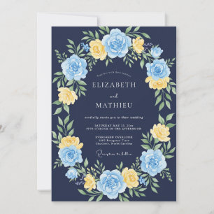 Invitation Mariage Floral Aquarelle Bleu Jaune Marine
