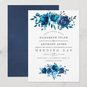 Invitation Mariage floral aquarelle bleu marine et blanc