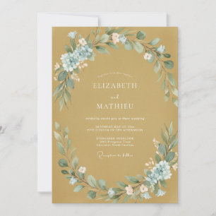 Invitation Mariage Floral Aquarelle Bleu Moutarde