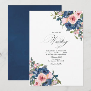 Invitation Mariage Floral Aquarelle Bleu Nuit et Rose
