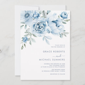 Invitation Mariage Floral Aquarelle Bleu Poussiéreux