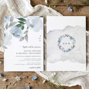 Invitation Mariage Floral Aquarelle Bleu Poussiéreux